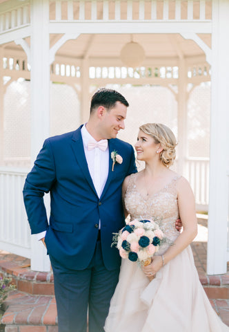 Navy, Blush Pink and Cream Sola Wood Flower Wedding Bouquet