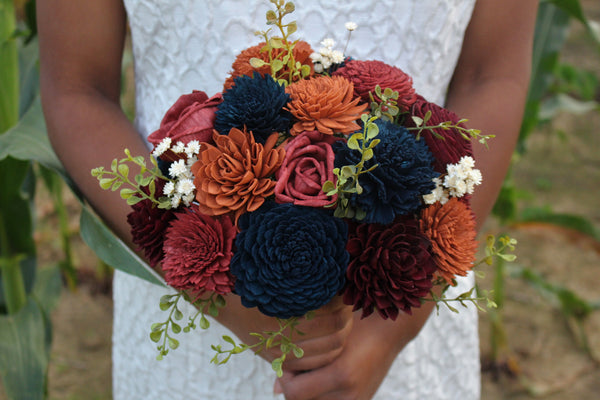 Fall Sola Flower Wedding Bouquet, Navy, Burgundy/Marsala and Orange Wedding bouquet