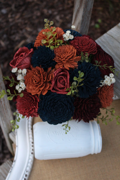 Fall Sola Flower Wedding Bouquet, Navy, Burgundy/Marsala and Orange Wedding bouquet