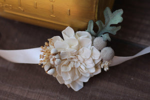 Ivory wrist corsage, Rustic Wedding, Country wedding, woodland wedding,