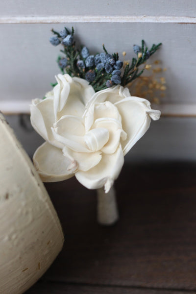 Groomsman boutonniere, groom boutonniere, corsage, sola flowers, rustic wedding, country wedding, juniper berry,  gardenia boutonniere