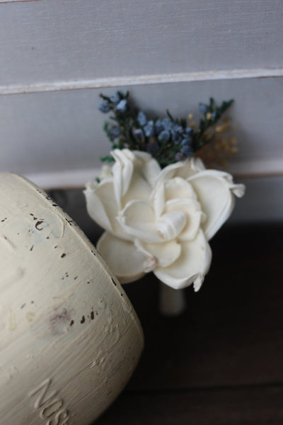 Groomsman boutonniere, groom boutonniere, corsage, sola flowers, rustic wedding, country wedding, juniper berry,  gardenia boutonniere