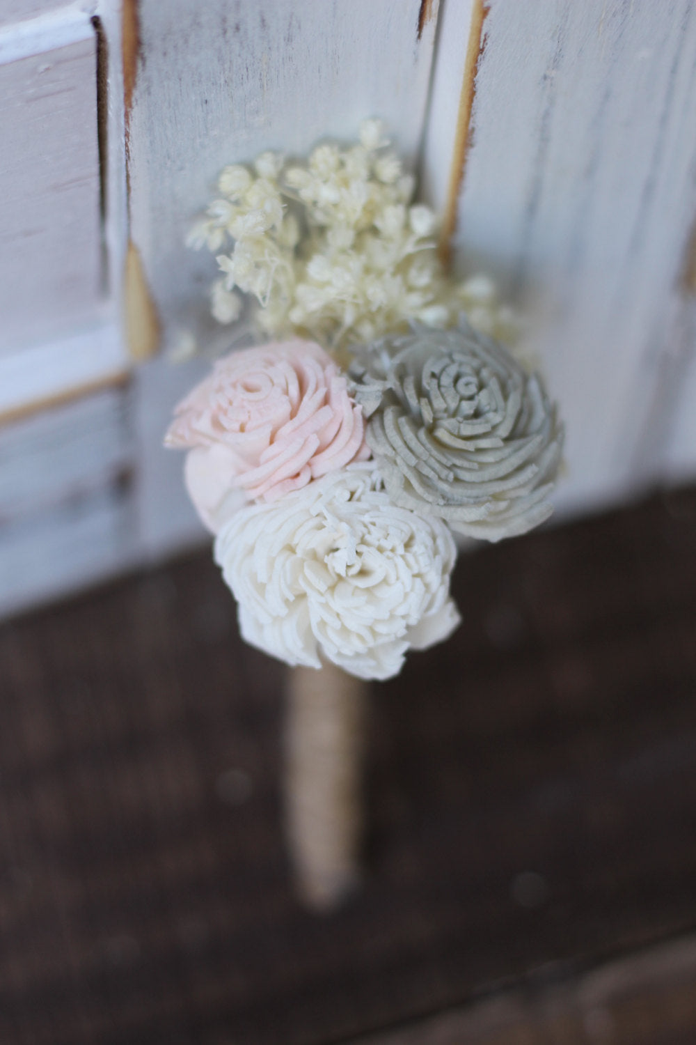 Pink, Gray, Ivory Boutonniere, groom buttonhole, groom boutonnière, sola flowers, sola boutonnière, man flower, wedding flowers