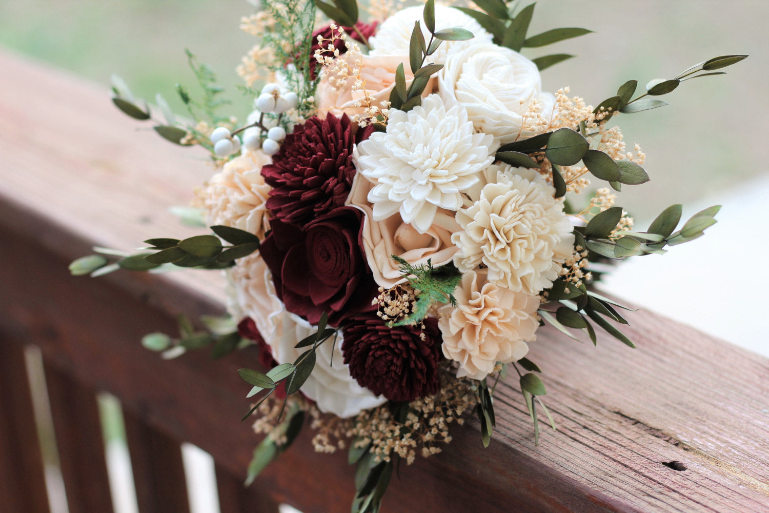 Burgundy & Peach Sola Wood Flower Wedding Bouquet, Bridal Bouquet