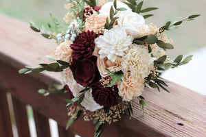 Burgundy & Peach Sola Wood Flower Wedding Bouquet, Bridal Bouquet