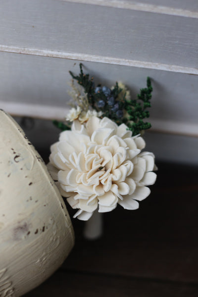 Groomsman boutonniere, groom boutonniere, corsage, sola flowers, rustic wedding, country wedding, juniper berry,  carnation boutonniere