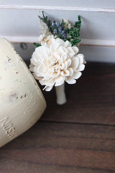 Groomsman boutonniere, groom boutonniere, corsage, sola flowers, rustic wedding, country wedding, juniper berry,  carnation boutonniere
