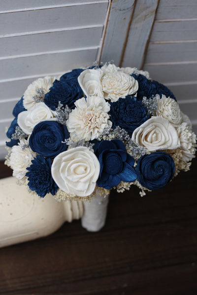Navy blue and ivory sola wedding bridal bouquet, blue silver bouquet