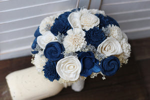Navy blue and ivory sola wedding bridal bouquet, blue silver bouquet