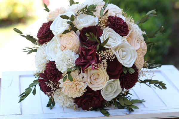 Burgundy & Peach Sola Wood Flower Wedding Bouquet, Bridal Bouquet