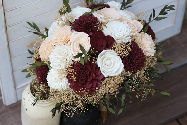 Burgundy & Peach Sola Wood Flower Wedding Bouquet, Bridal Bouquet