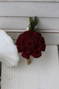Marsala Burgundy Boutonniere, Rustic Wedding, Country wedding, woodland wedding, sola flower, wood flower, buttonhole, Groom boutonniere