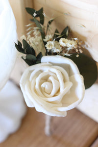 sola rose, Sola flowers, boutonniere, buttonhole,rustic, wedding flowers, rustic wedding,  groom flower