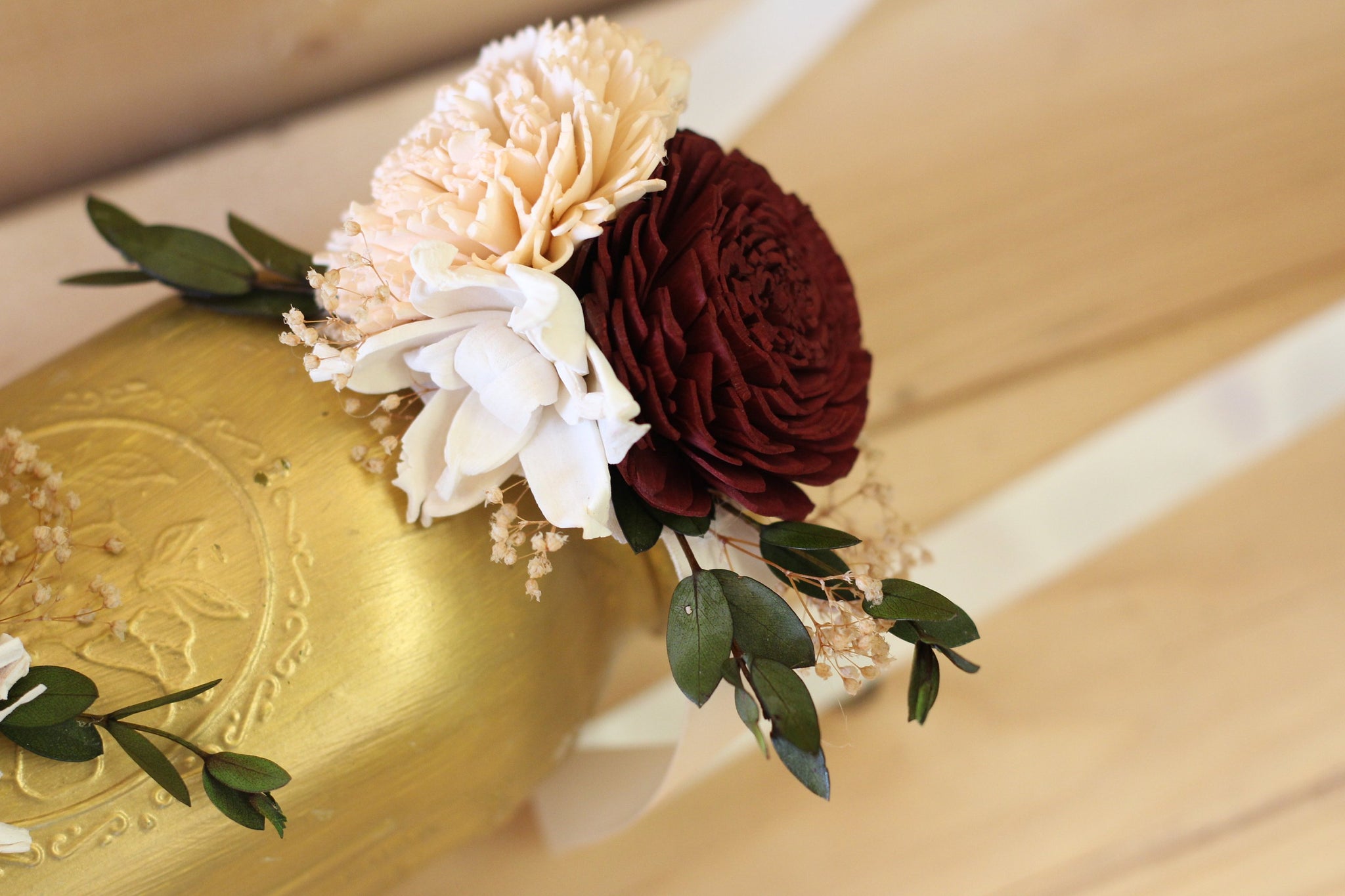 Sola Corsage, marsala burgundy corsage, sola flowers, wedding flowers, wrist corsage, corsage, marsala peach corsage
