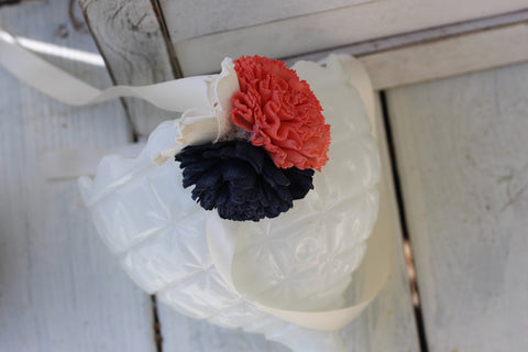 Sola Corsage, navy coral corsage, sola flowers, wedding flowers, wrist corsage, corsage, navy wedding