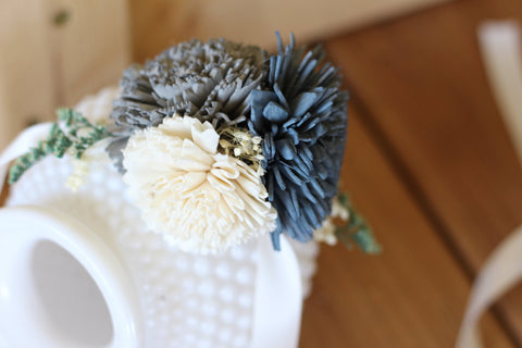 Sola Corsage, blue corsage, sola flowers, wedding flowers, wrist corsage, blue gray corsage, grey corsage