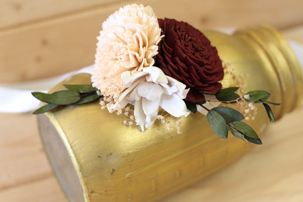 Sola Corsage, marsala burgundy corsage, sola flowers, wedding flowers, wrist corsage, corsage, marsala peach corsage