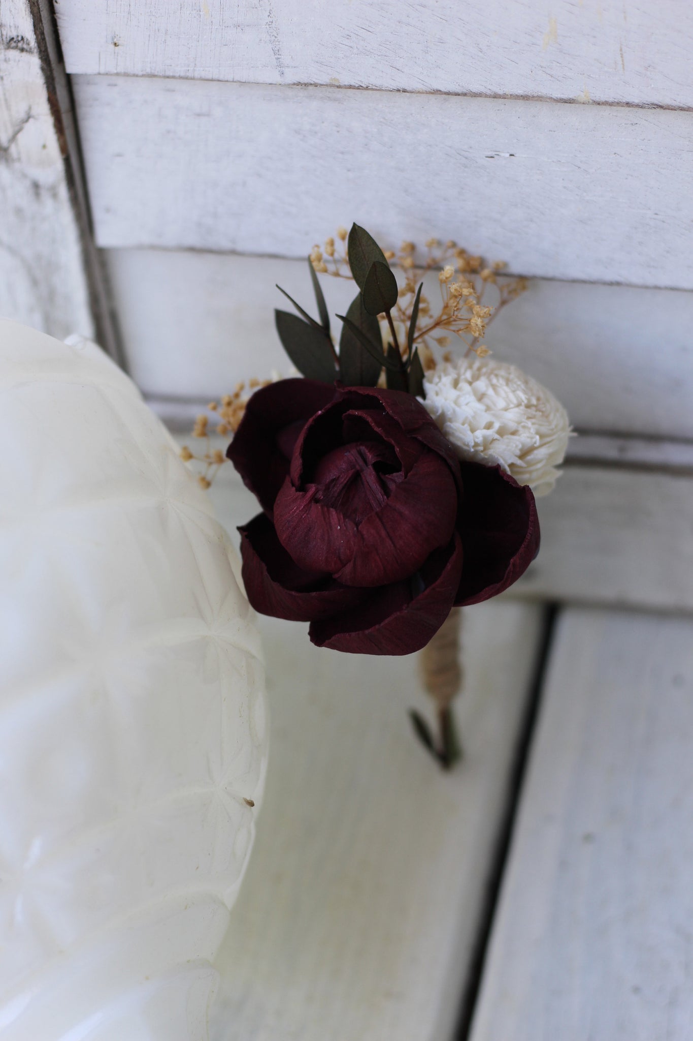 Marsala Burgundy Boutonniere, Rustic Wedding, Country wedding, woodland wedding, sola flower, wood flower, buttonhole, peony boutonniere