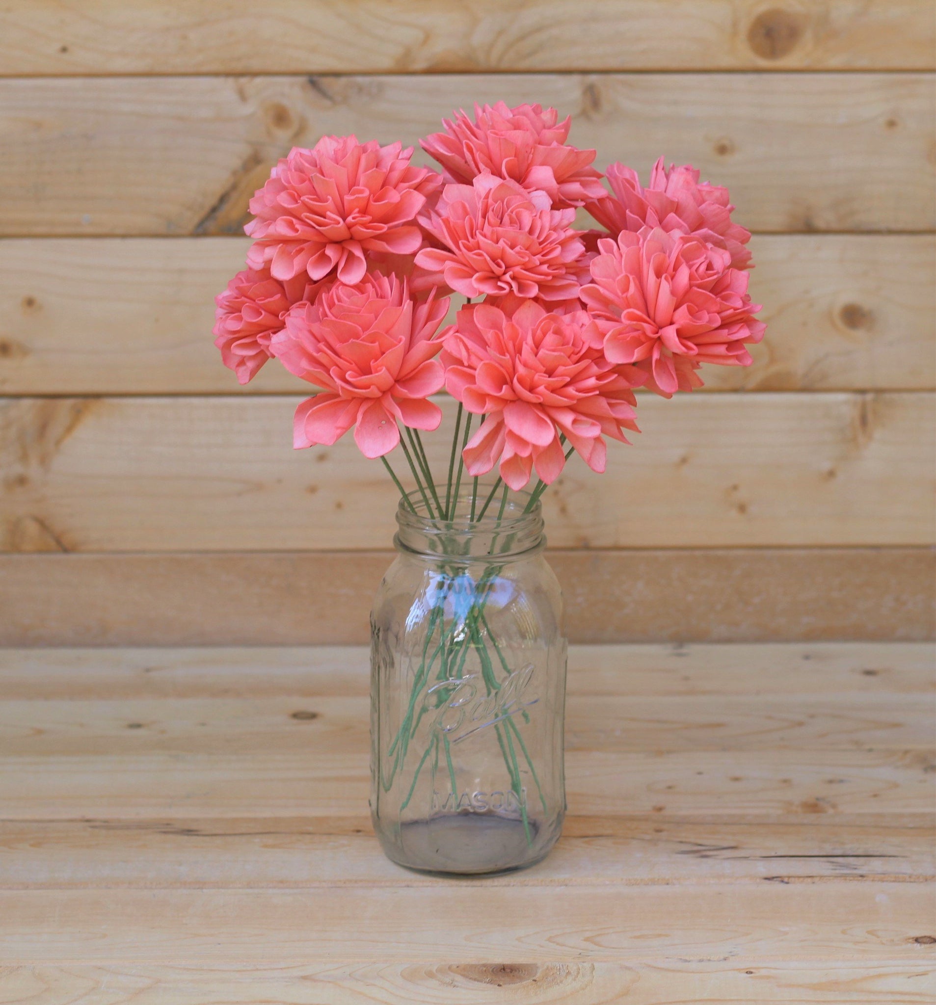 12 Coral Stemmed Dahlia Wood Flowers