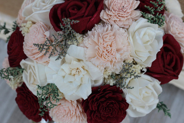 Burgundy, Blush Pink & Ivory Sola Wood Bridal Wedding Bouquet