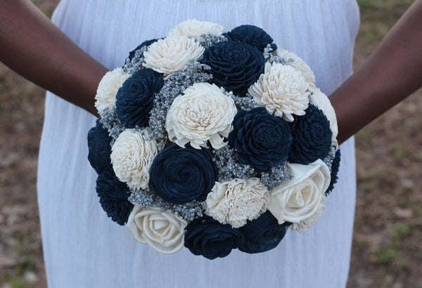 Navy blue and ivory sola wedding bridal bouquet, blue silver bouquet