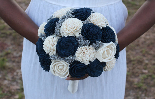 Navy blue and ivory sola wedding bridal bouquet, blue silver bouquet