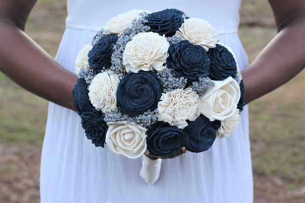 Navy blue and ivory sola wedding bridal bouquet, blue silver bouquet