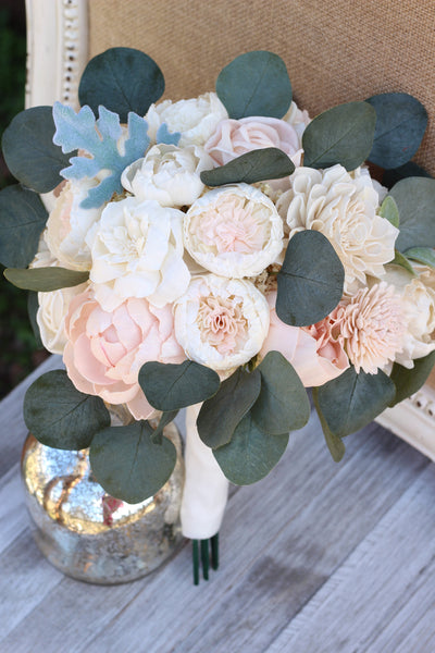 Blush Pink & Ivory Sola Wood Flowers Bridal Wedding Bouquet, Peony Bouquet