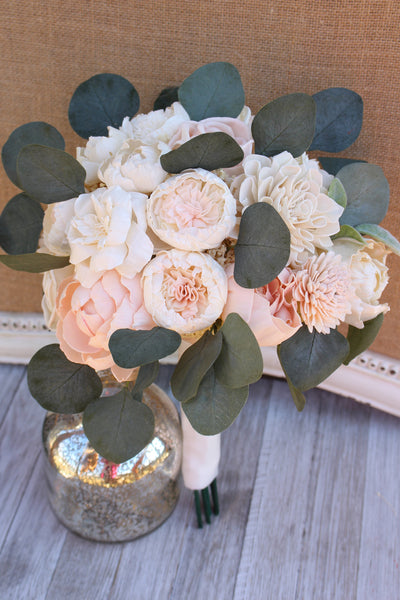 Blush Pink & Ivory Sola Wood Flowers Bridal Wedding Bouquet, Peony Bouquet