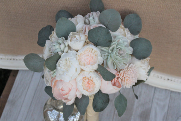 Succulent Blush Pink & Ivory Peony Sola Wood Flowers Bridal Wedding Bouquet
