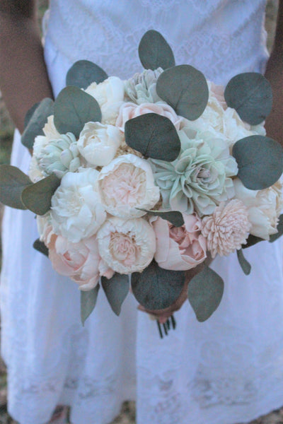 Succulent Blush Pink & Ivory Peony Sola Wood Flowers Bridal Wedding Bouquet