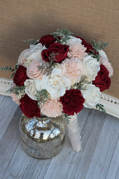 Burgundy, Blush Pink & Ivory Sola Wood Bridal Wedding Bouquet