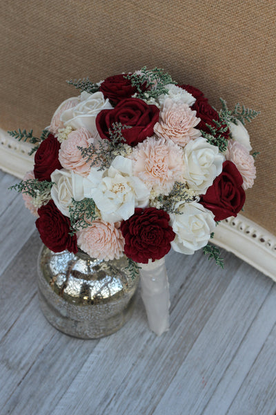 Burgundy, Blush Pink & Ivory Sola Wood Bridal Wedding Bouquet