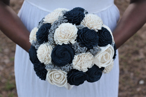 Navy blue and ivory sola wedding bridal bouquet, blue silver bouquet