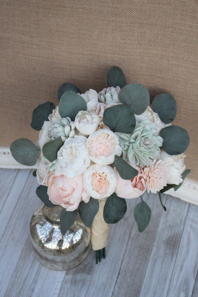 succulent wedding bouquets Succulent Blush Pink & Ivory Peony Sola Wood Flowers Bridal Wedding Bouquet NO Greenery 4 / Ivory w/exp stem