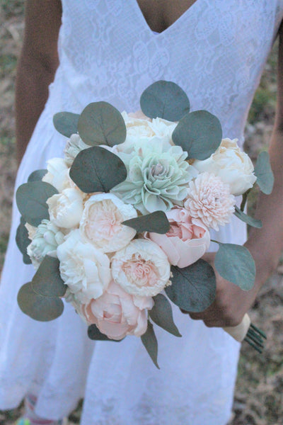 Succulent Blush Pink & Ivory Peony Sola Wood Flowers Bridal Wedding Bouquet