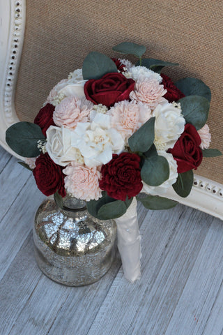 Burgundy Wine Marsala Blush Pink & Ivory Sola Wood Flowers Bridal Wedding Bouquet