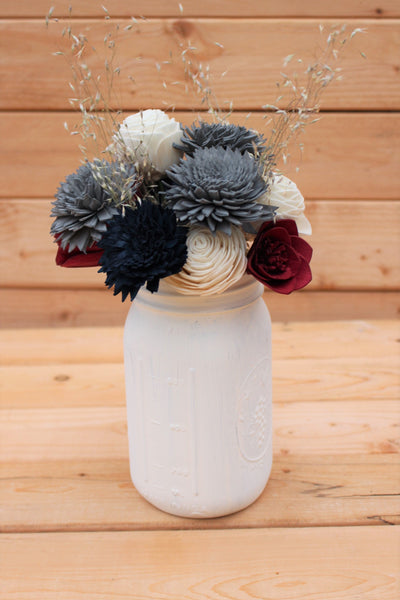 Navy Burgundy Gray Sola Wood Flower Mason Jar Centerpiece Arrangement