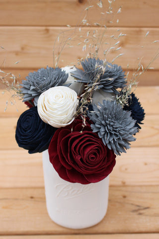 Navy Burgundy Gray Sola Wood Flower Mason Jar Centerpiece Arrangement