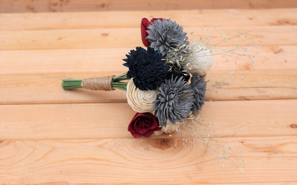 Navy Burgundy Gray Sola Wood Flower Mason Jar Centerpiece Arrangement
