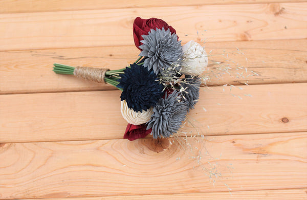 Navy Burgundy Gray Sola Wood Flower Mason Jar Centerpiece Arrangement