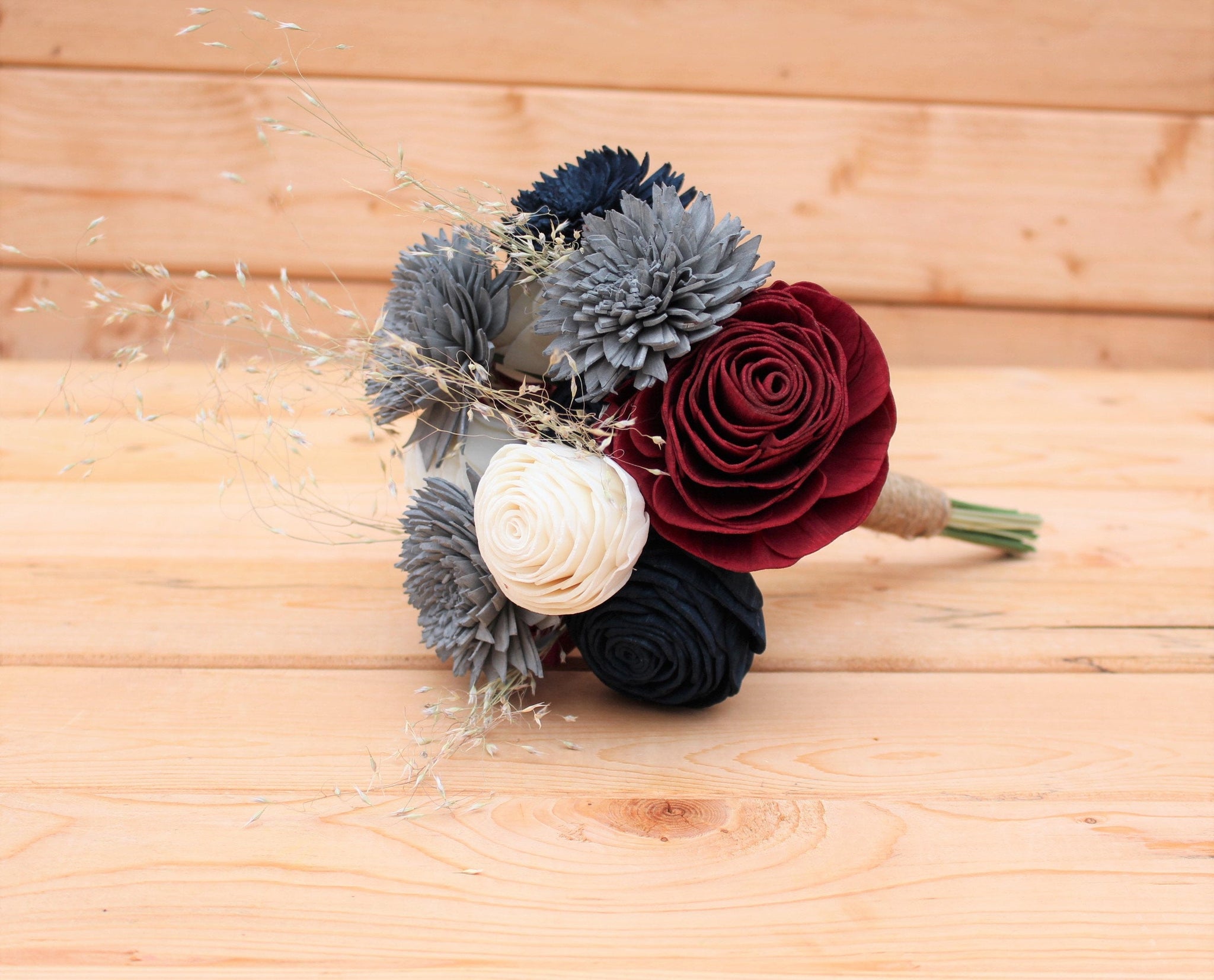 Navy Burgundy Gray Sola Wood Flower Mason Jar Centerpiece Arrangement