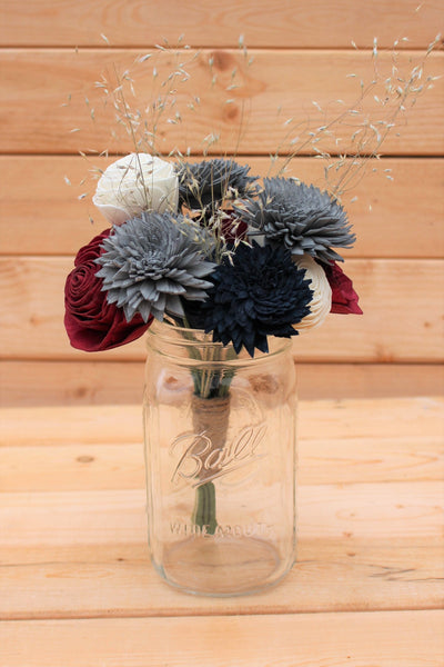 Navy Burgundy Gray Sola Wood Flower Mason Jar Centerpiece Arrangement
