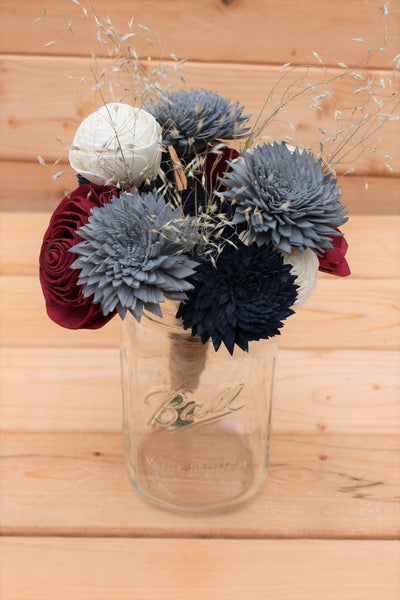 Navy Burgundy Gray Sola Wood Flower Mason Jar Centerpiece Arrangement