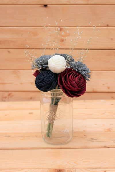 Navy Burgundy Gray Sola Wood Flower Mason Jar Centerpiece Arrangement