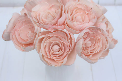 12 Blush Pink Stemmed Sola Wood Peony Flowers, Sola Flowers on Wire Stems, DIY sola bouquet