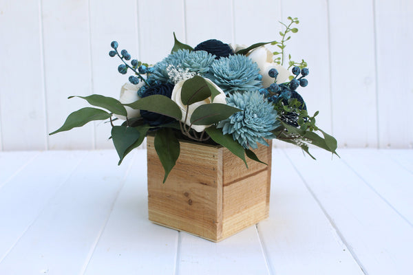 Dusty Blue Navy  and Ivory Sola Wood Flower Centerpiece/ Flower Arrangement