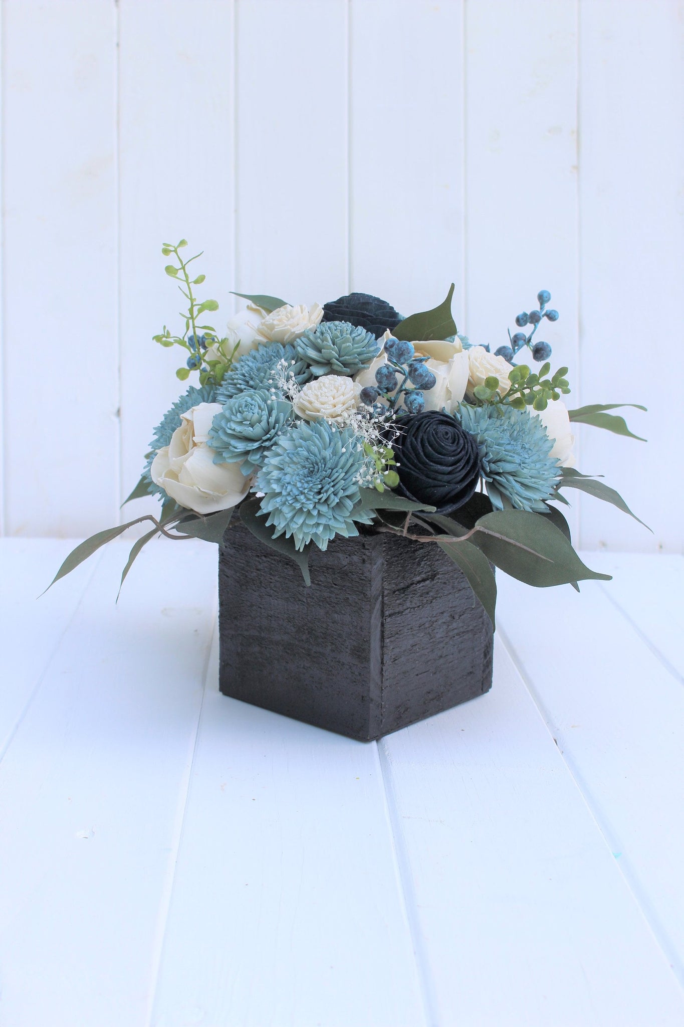 Navy Dusty Blue and Ivory Sola Wood Flower Centerpiece