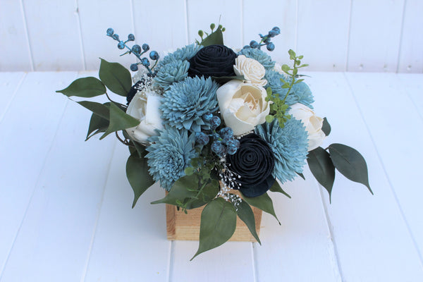 Dusty Blue Navy  and Ivory Sola Wood Flower Centerpiece/ Flower Arrangement