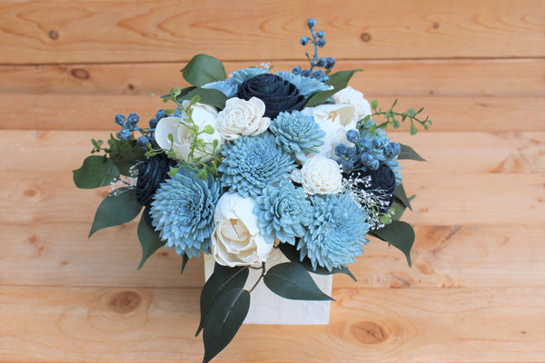 Sola Wood Flower Centerpiece/ Dusty Blue/ Navy Blue/ Ivory